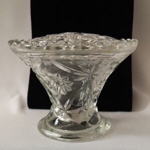 Vintage Clear Glass Vase with Large and Removable Flower Frog "Flower" Pattern